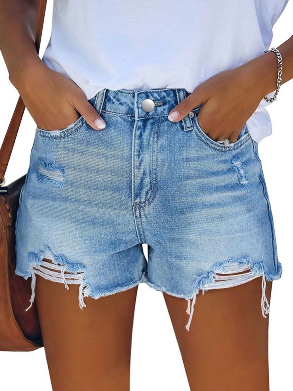 High-Rise Distressed Light Blue Denim Shorts for Women